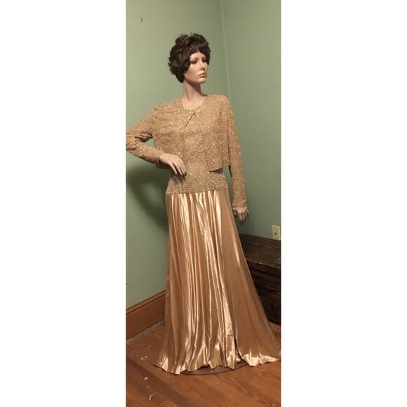 Vintage PAMELA DENNIS Gold Beaded Silk Satin Gown w/Beaded Jacket - Picture 4 of 12
